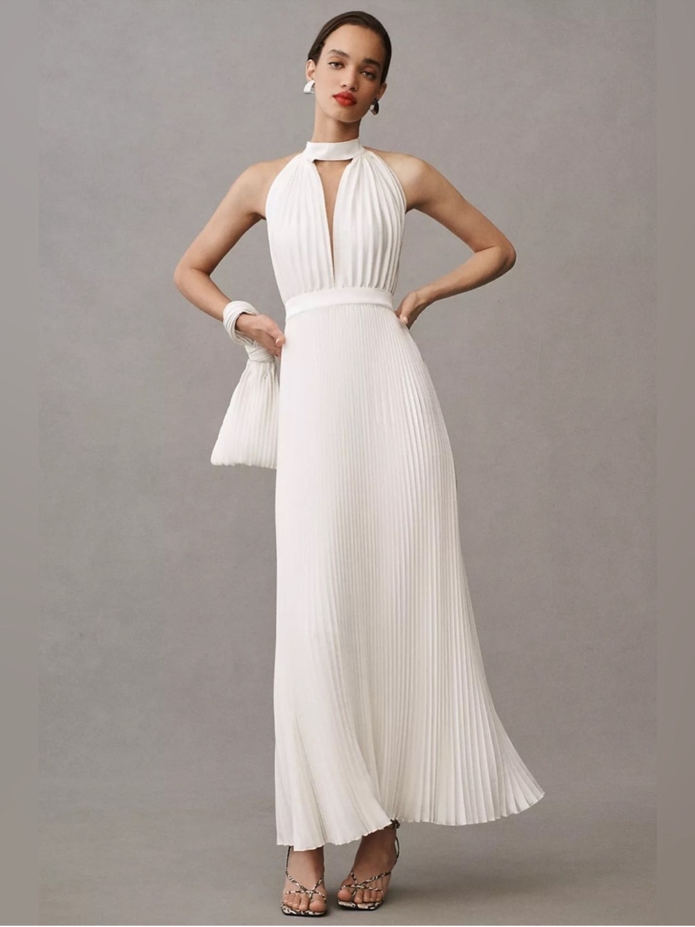 L'IDÉE Chateau Halter Front-Cutout Pleated Midi Dress